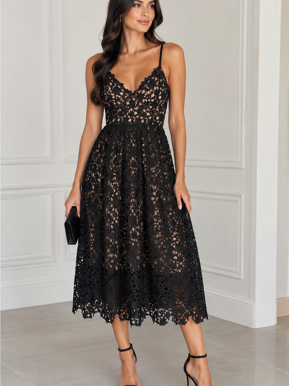 Entro Black Lace A-Line Dress with Nude Lining Size M